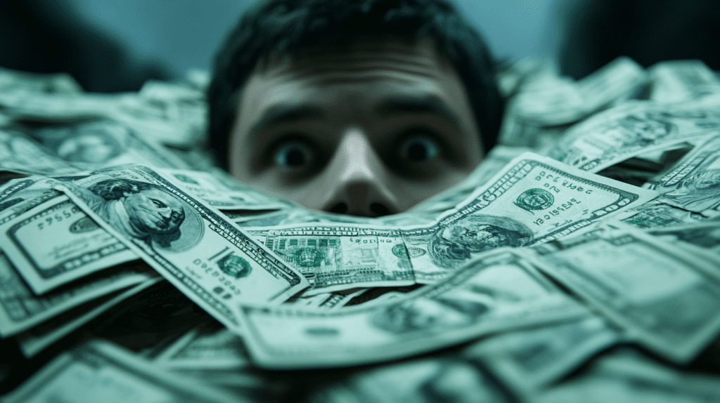 simondamgaard A pile of money and make 5 men look at them wit d1cd8468 8c65 481f a802 98482cf16fc8 2